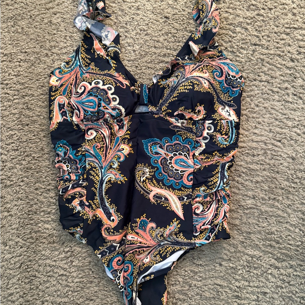 Paisley One-Piece Women’s Swimsuit with Pink and Teal Accents